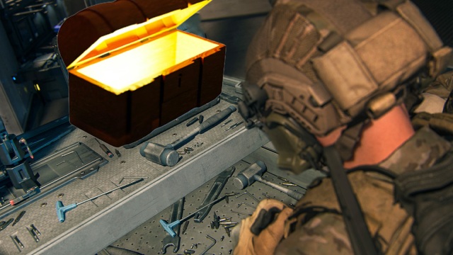 Warzone DMZ Workbench with a Treasure Chest on it